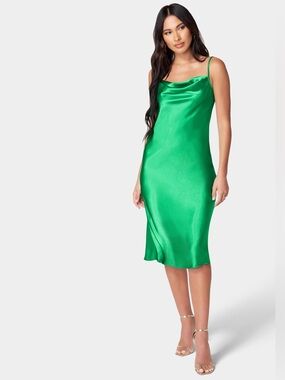 Bebe Satin Cowl‑Neck Slip Midi Dress – Emerald Green, Size Small ($110 Retail)